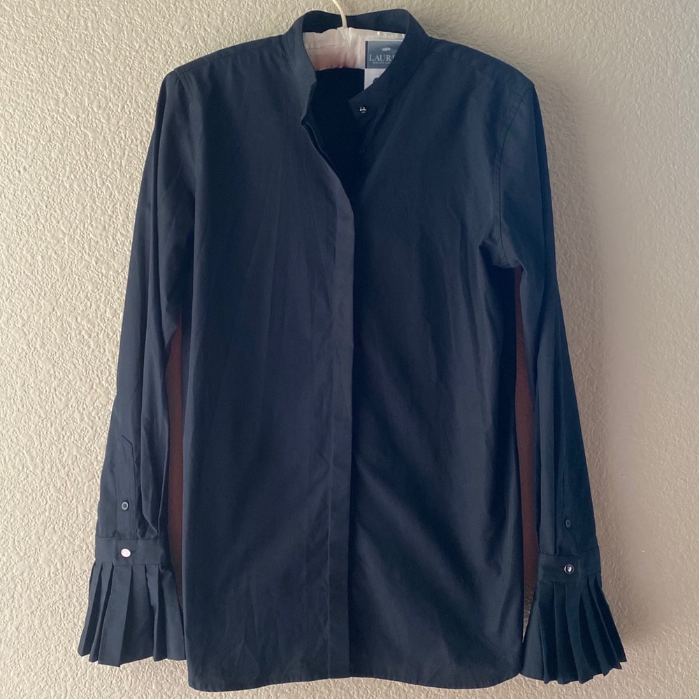 NWT Ralph Lauren Pleated Cuff Blouse | Small black ruffle button long sleeve